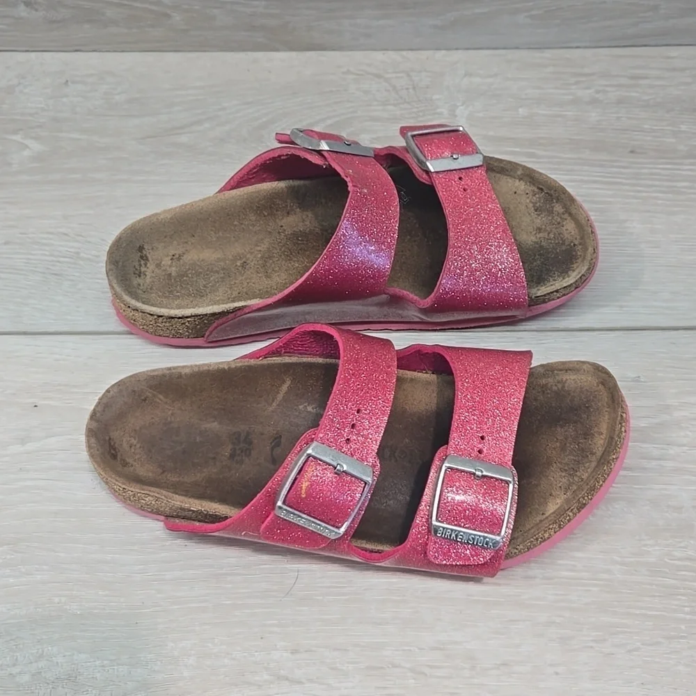 Birkenstock Women Glittery Pink Kids Girl Sandals Slide Shoes 34/3 Narrow